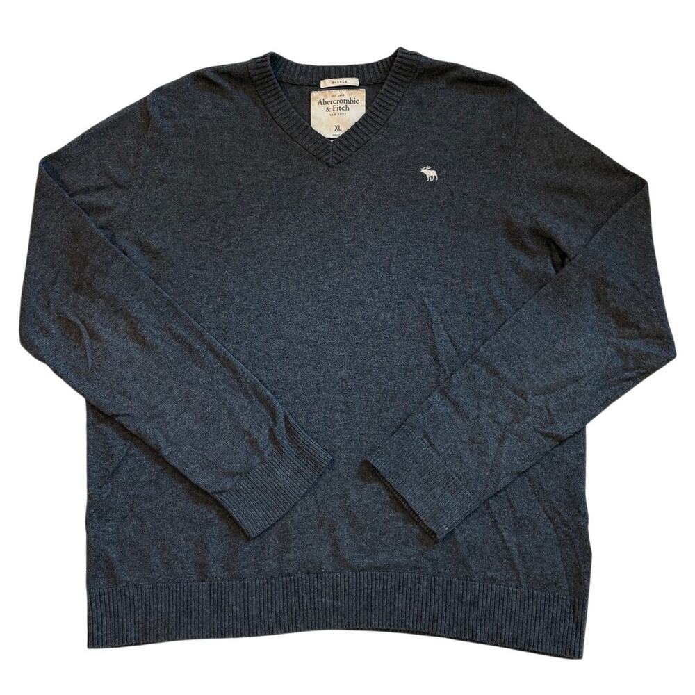 Abercrombie Fitch Sweater Mens XL Gray V Neck Muscle Fit Cashmere Blend Preppy